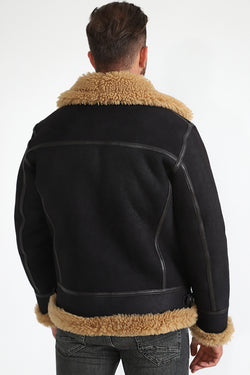 Image of Fliegerjacke aus Lammfell für Herren, verwaschenes Braun mit Ginger Curly Wool