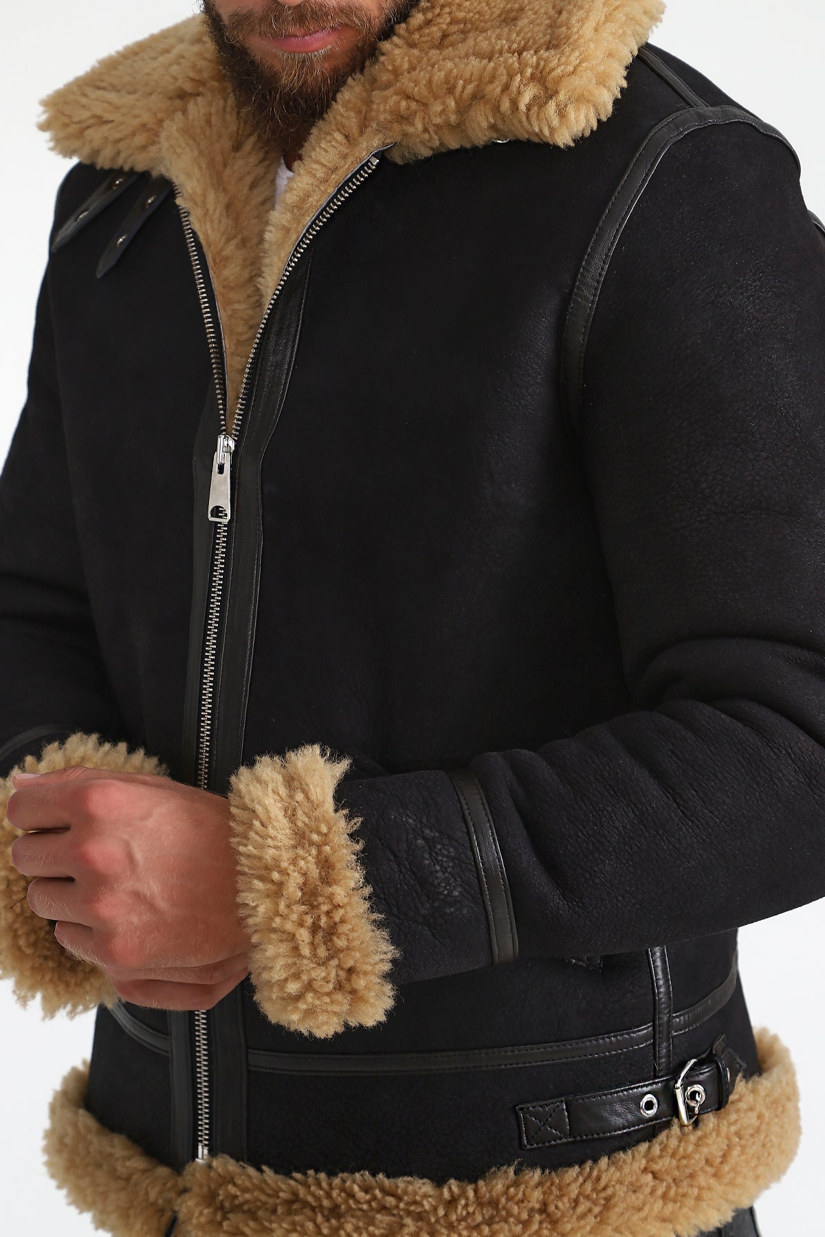 Fliegerjacke aus Lammfell für Herren, verwaschenes Braun mit Ginger Curly Wool