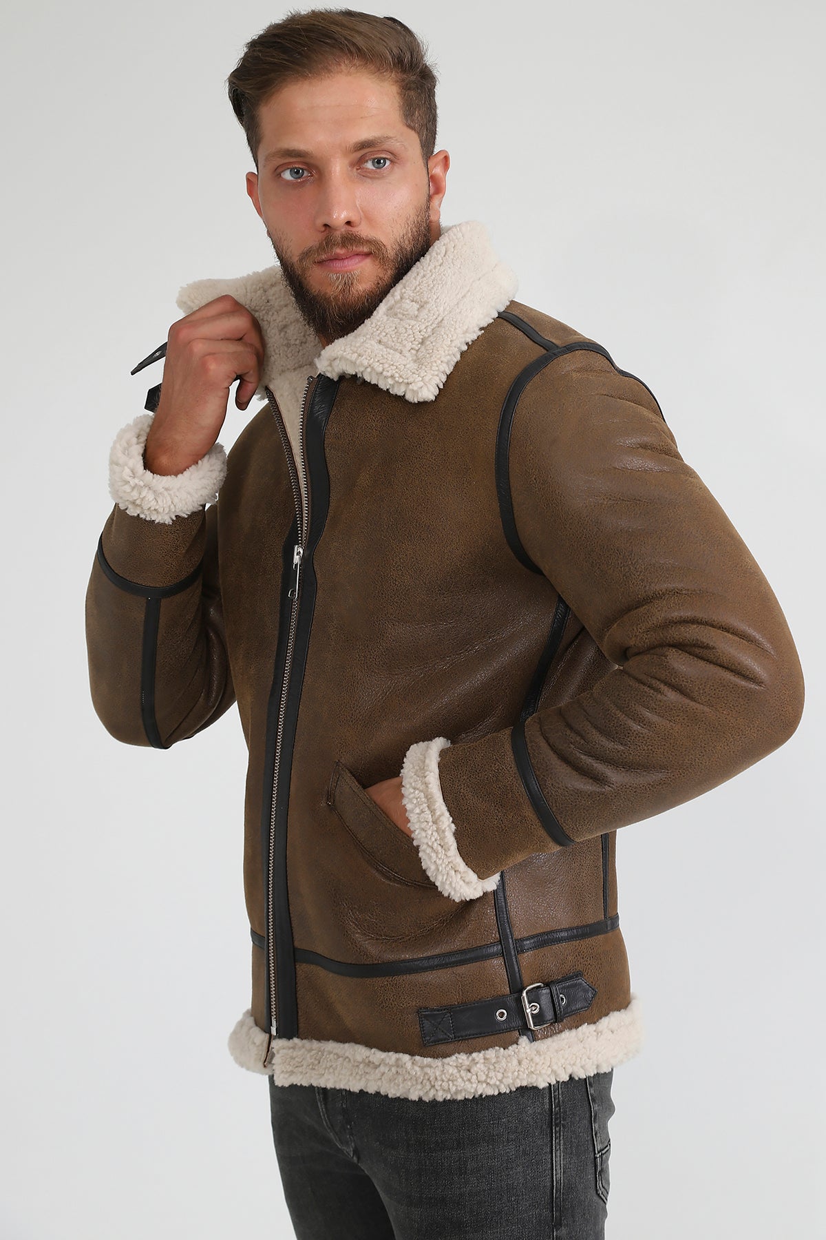 Lammfell-Fliegerjacke für Herren, Vintage Camel mit beige gelockter Wolle