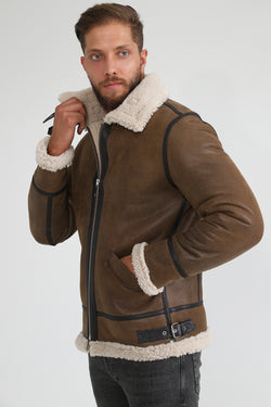 Image of Lammfell-Fliegerjacke für Herren, Vintage Camel mit beige gelockter Wolle