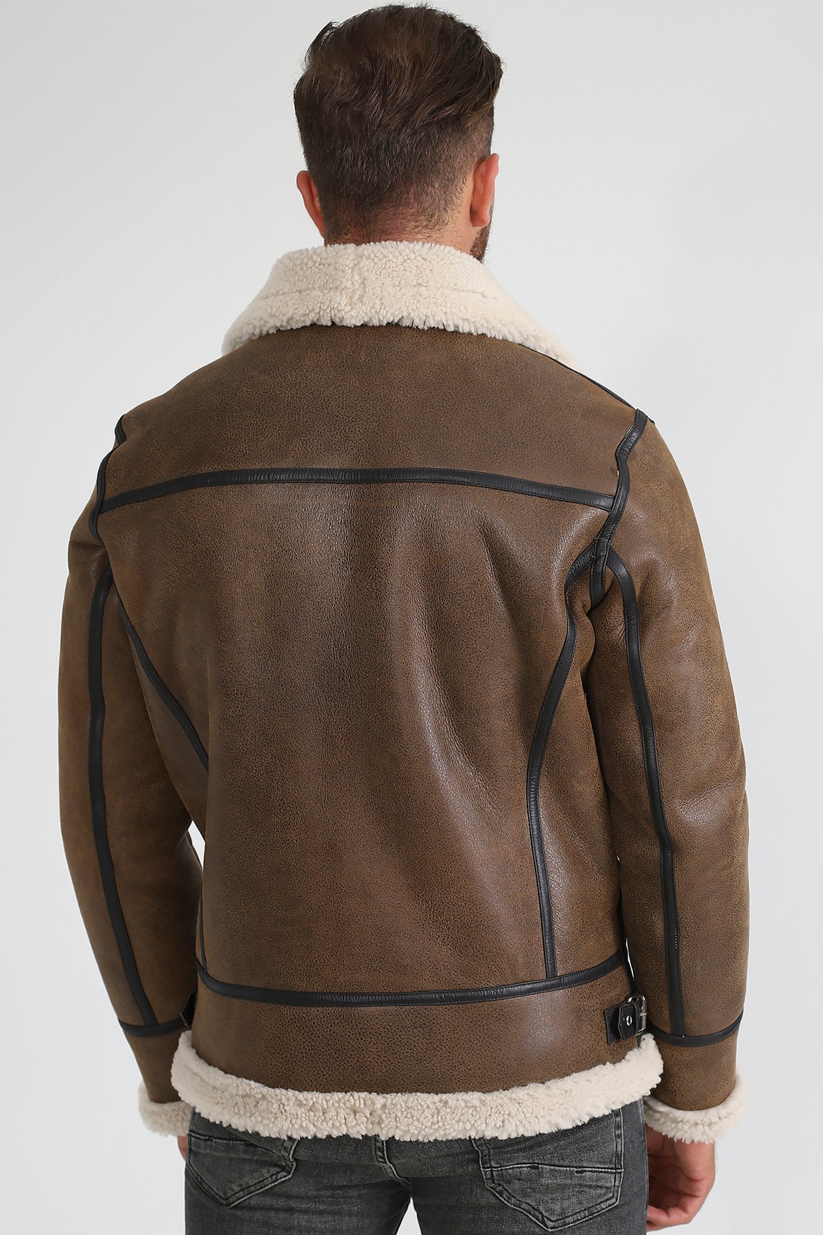 Lammfell-Fliegerjacke für Herren, Vintage Camel mit beige gelockter Wolle