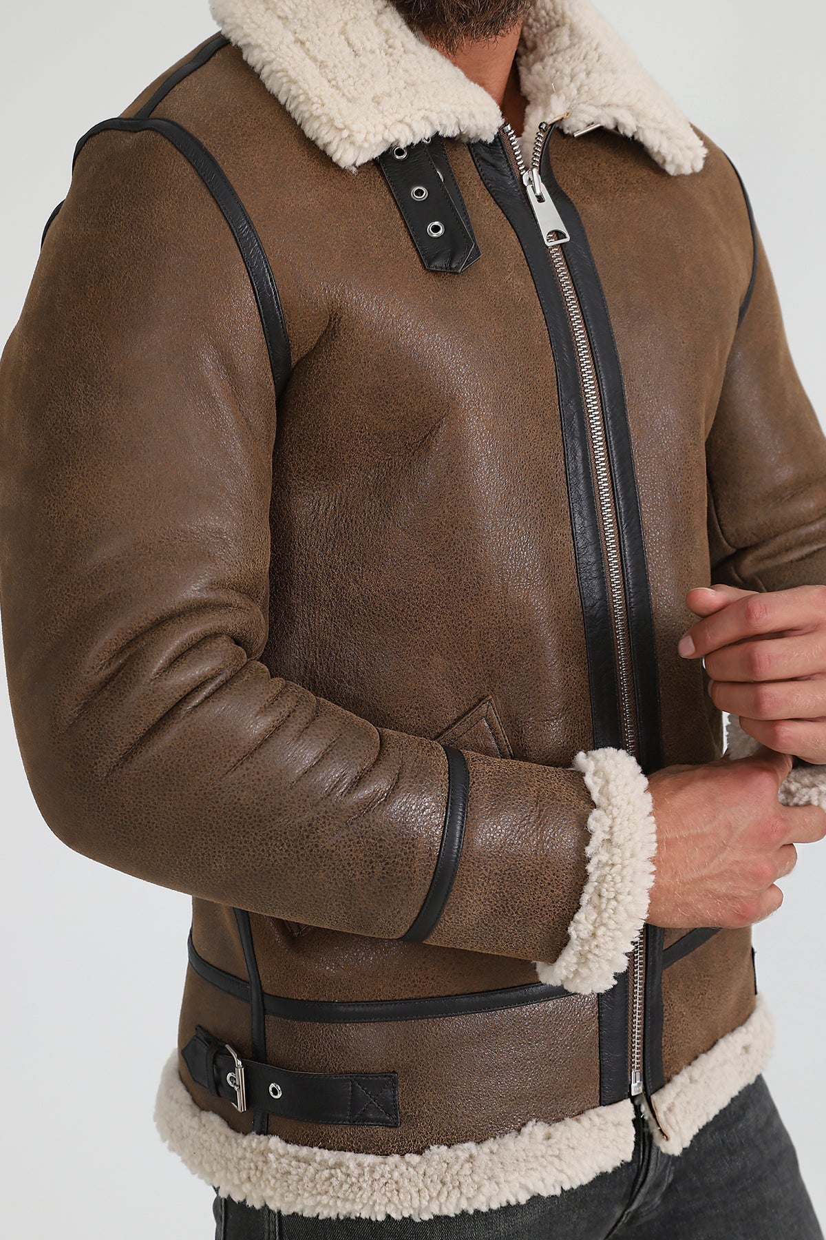 Lammfell-Fliegerjacke für Herren, Vintage Camel mit beige gelockter Wolle