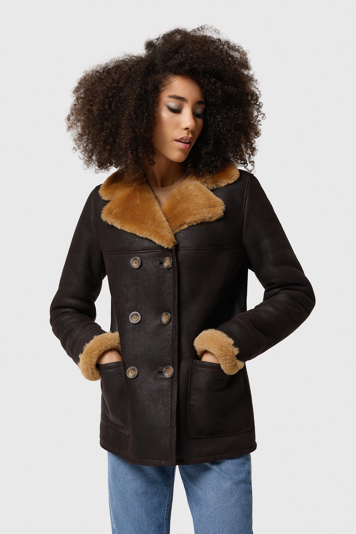 Damen Shearling Peacoat, gewaschenes Braun mit Ingwerwolle