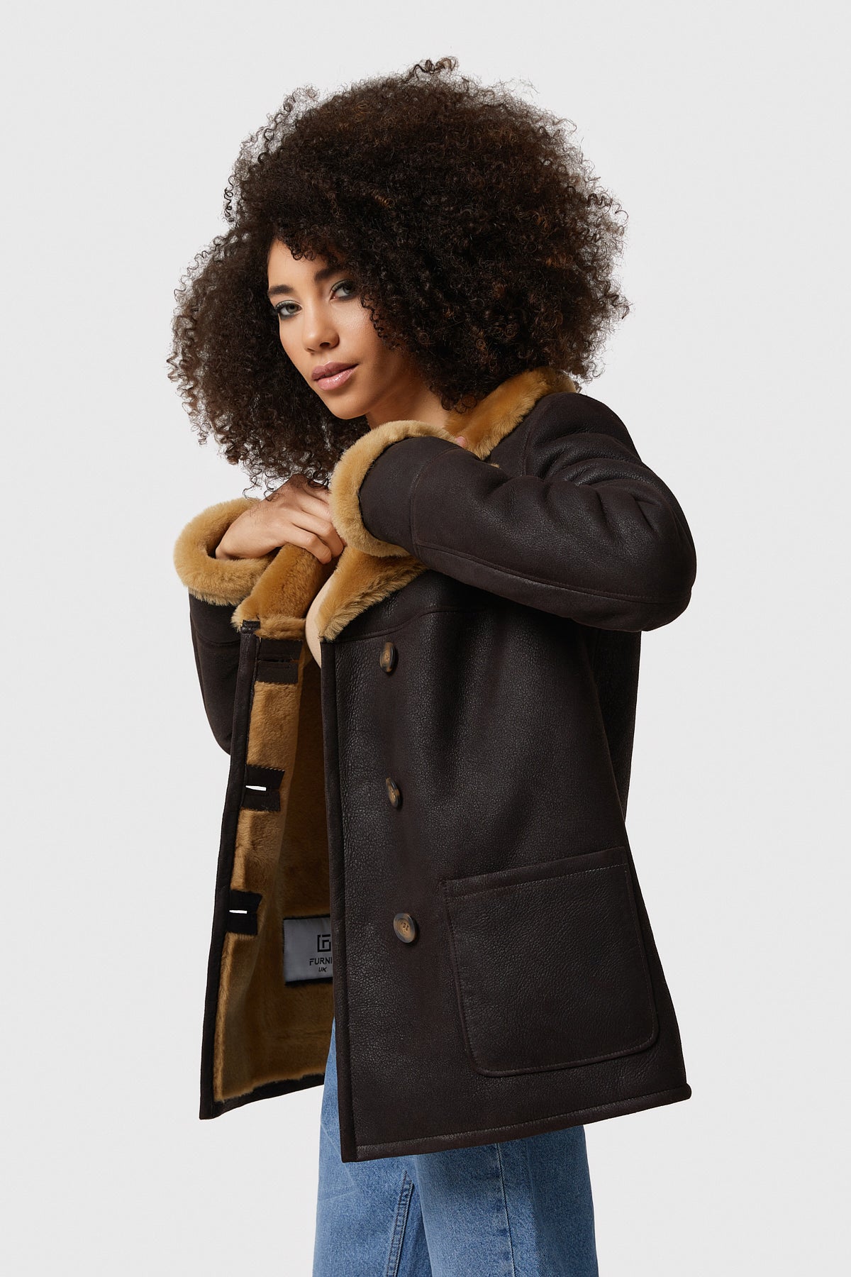 Damen Shearling Peacoat, gewaschenes Braun mit Ingwerwolle