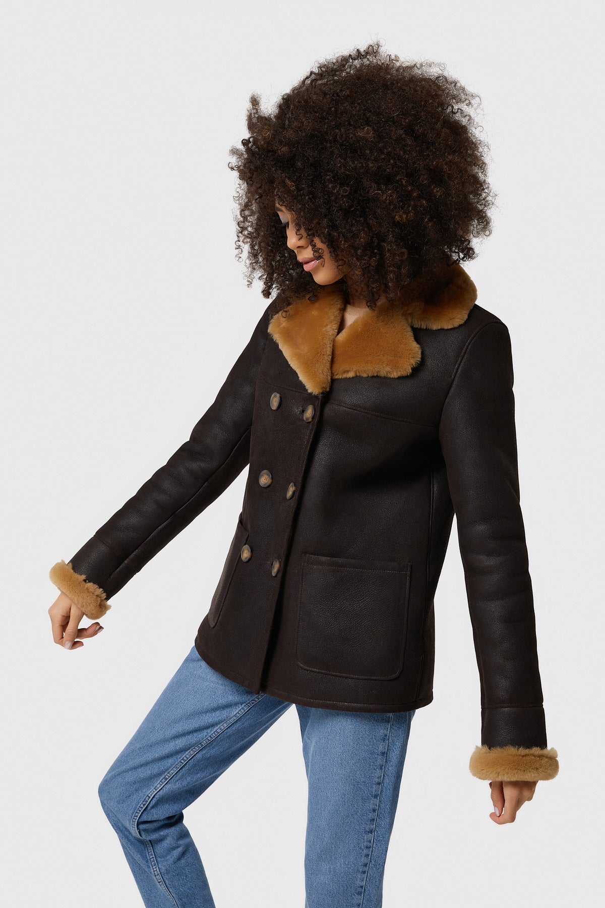 Damen Shearling Peacoat, gewaschenes Braun mit Ingwerwolle