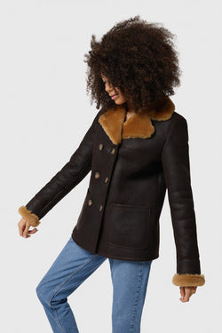 Image of Damen Shearling Peacoat, gewaschenes Braun mit Ingwerwolle