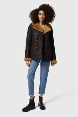 Image of Damen Shearling Peacoat, gewaschenes Braun mit Ingwerwolle