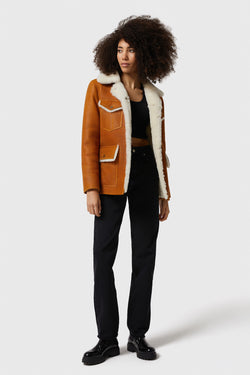 Image of Shearling Western Trucker Coat für Damen, gewaschenes Hellbraun mit weißer Wolle