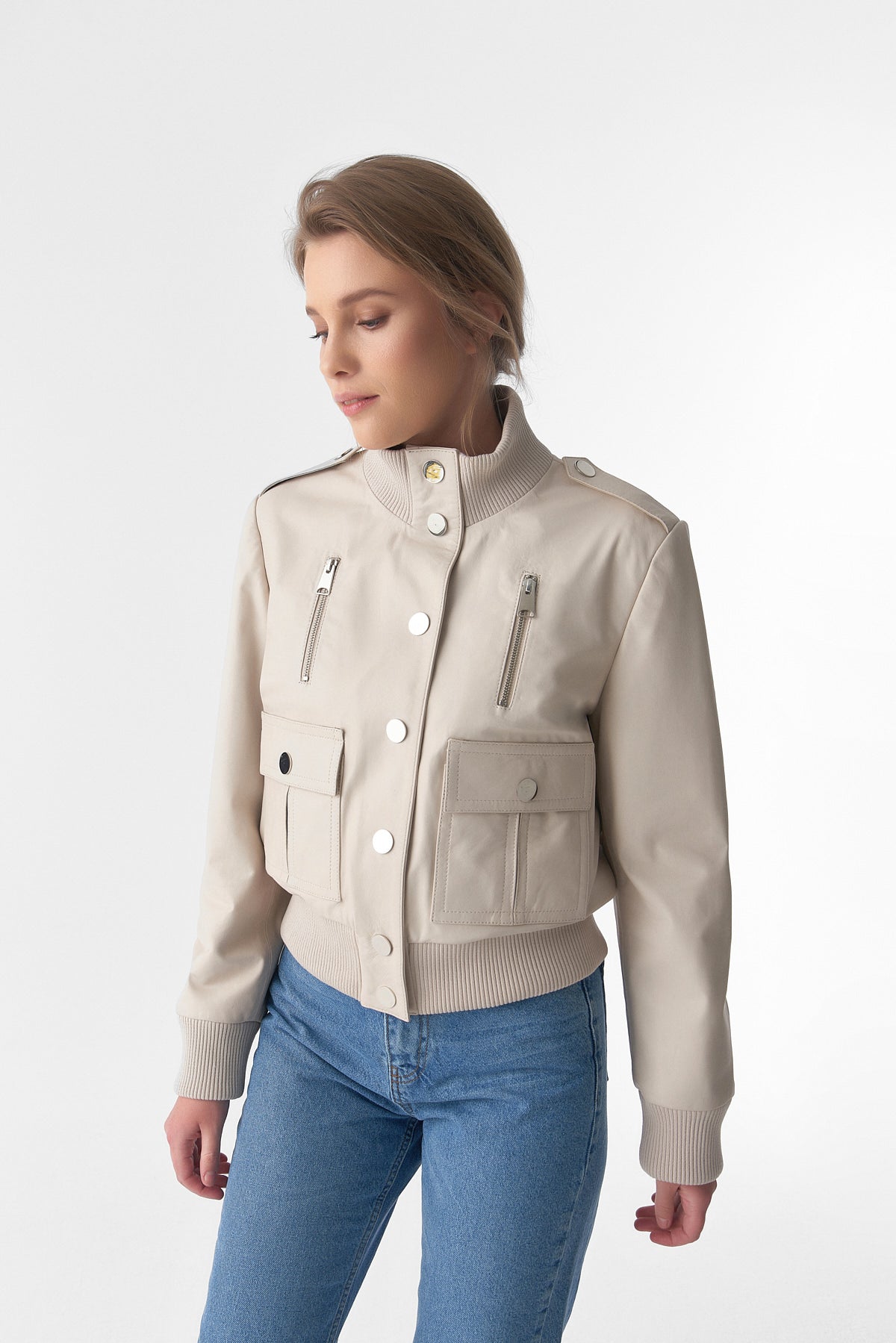 Bomberjacke aus echtem Leder, Nappa in Beige