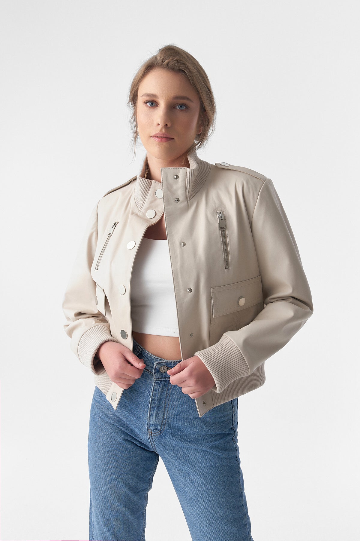 Bomberjacke aus echtem Leder, Nappa in Beige