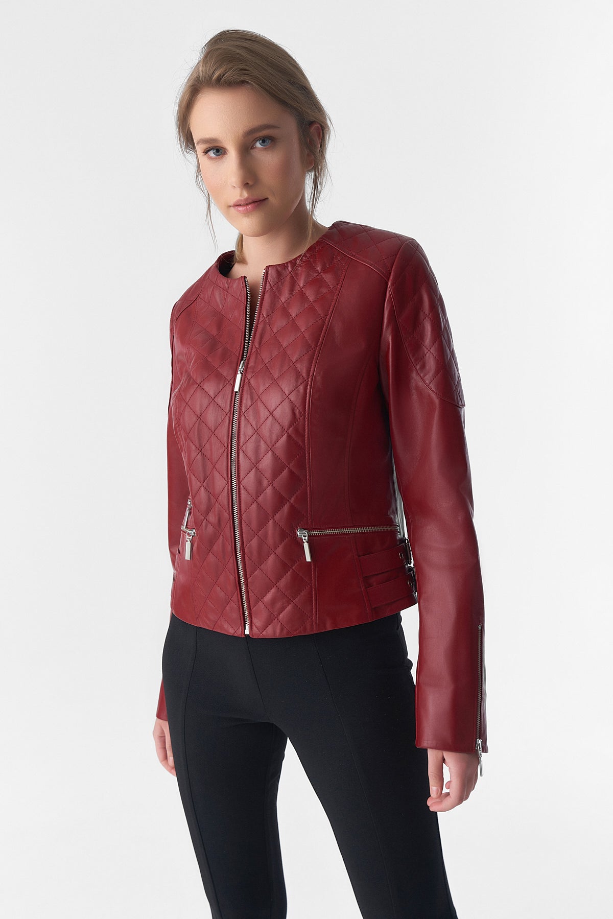 Gesteppte Bikerjacke aus echtem Leder, Burgund