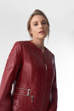 Image of Gesteppte Bikerjacke aus echtem Leder, Burgund