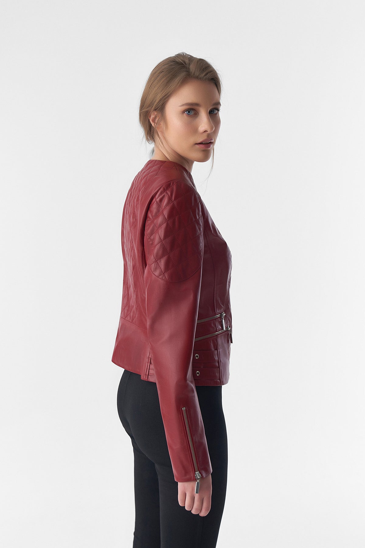 Gesteppte Bikerjacke aus echtem Leder, Burgund