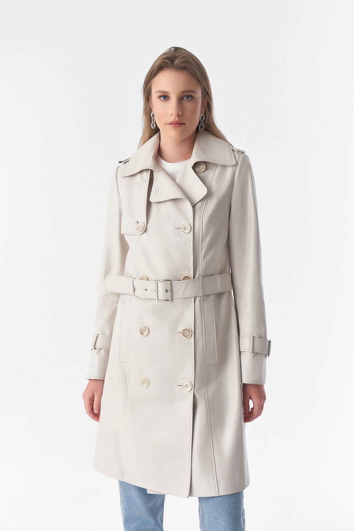 Trenchcoat aus echtem Leder, beige