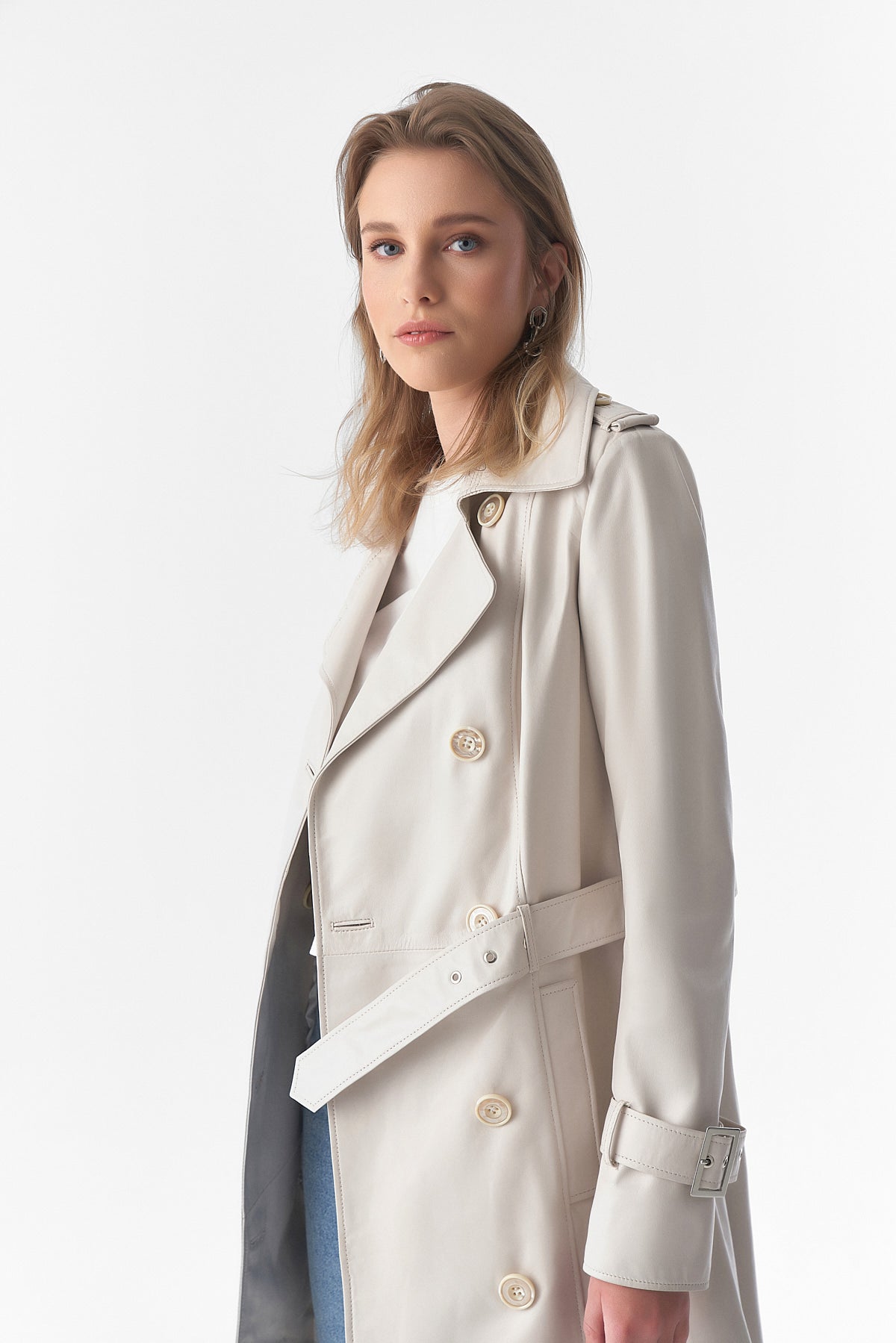 Trenchcoat aus echtem Leder, beige