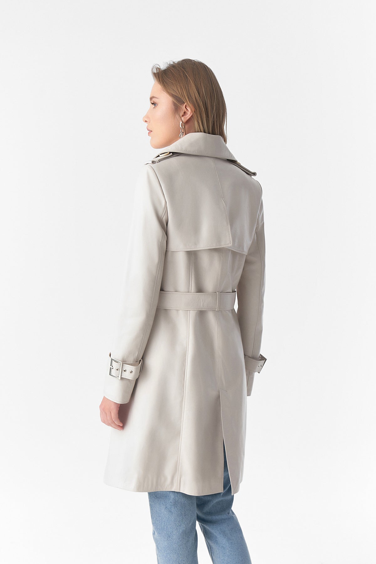 Trenchcoat aus echtem Leder, beige