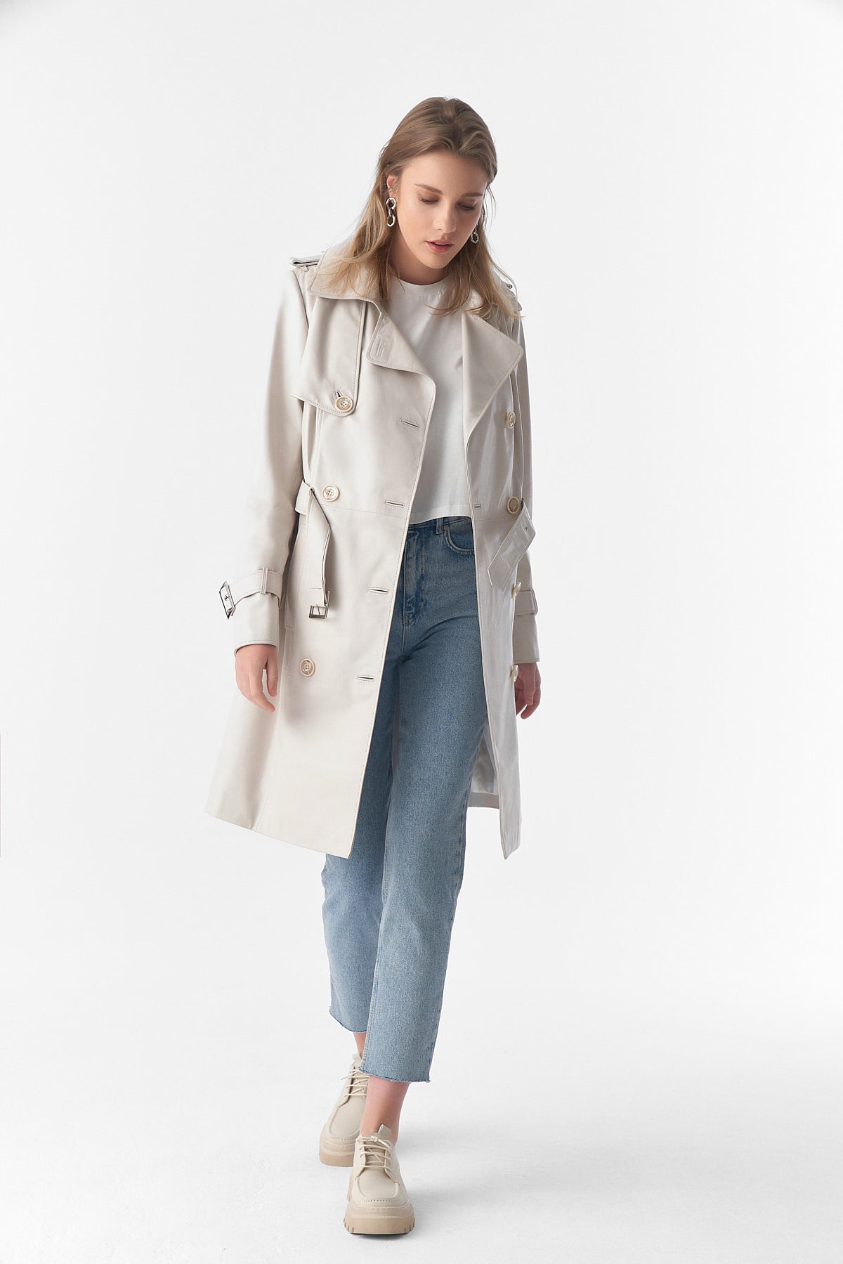 Trenchcoat aus echtem Leder, beige