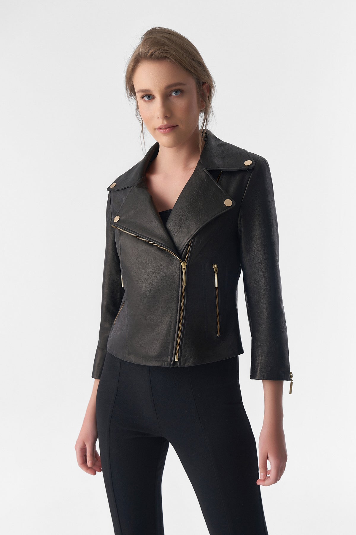 Kurzarm-Bikerjacke, Natural Grain Black