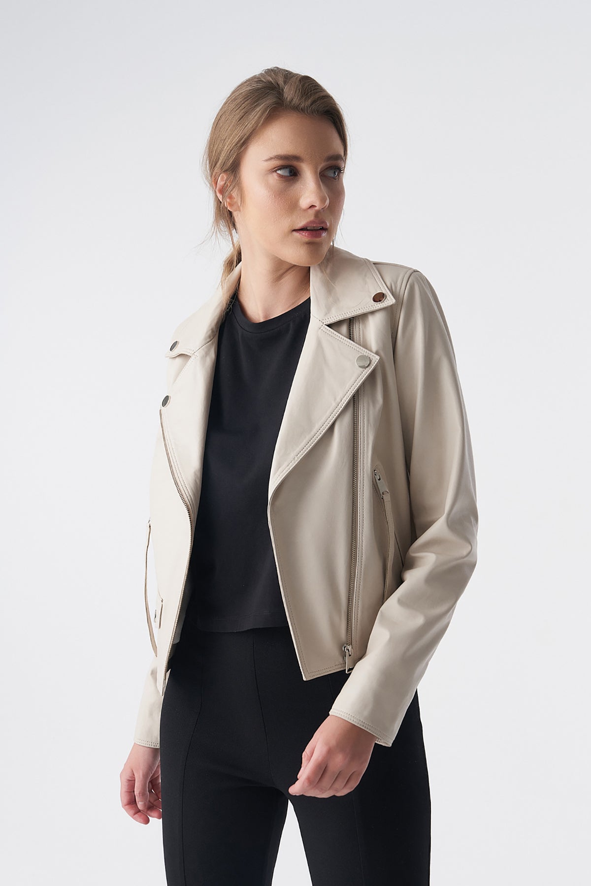 Klassische Bikerjacke, Nappa in Beige