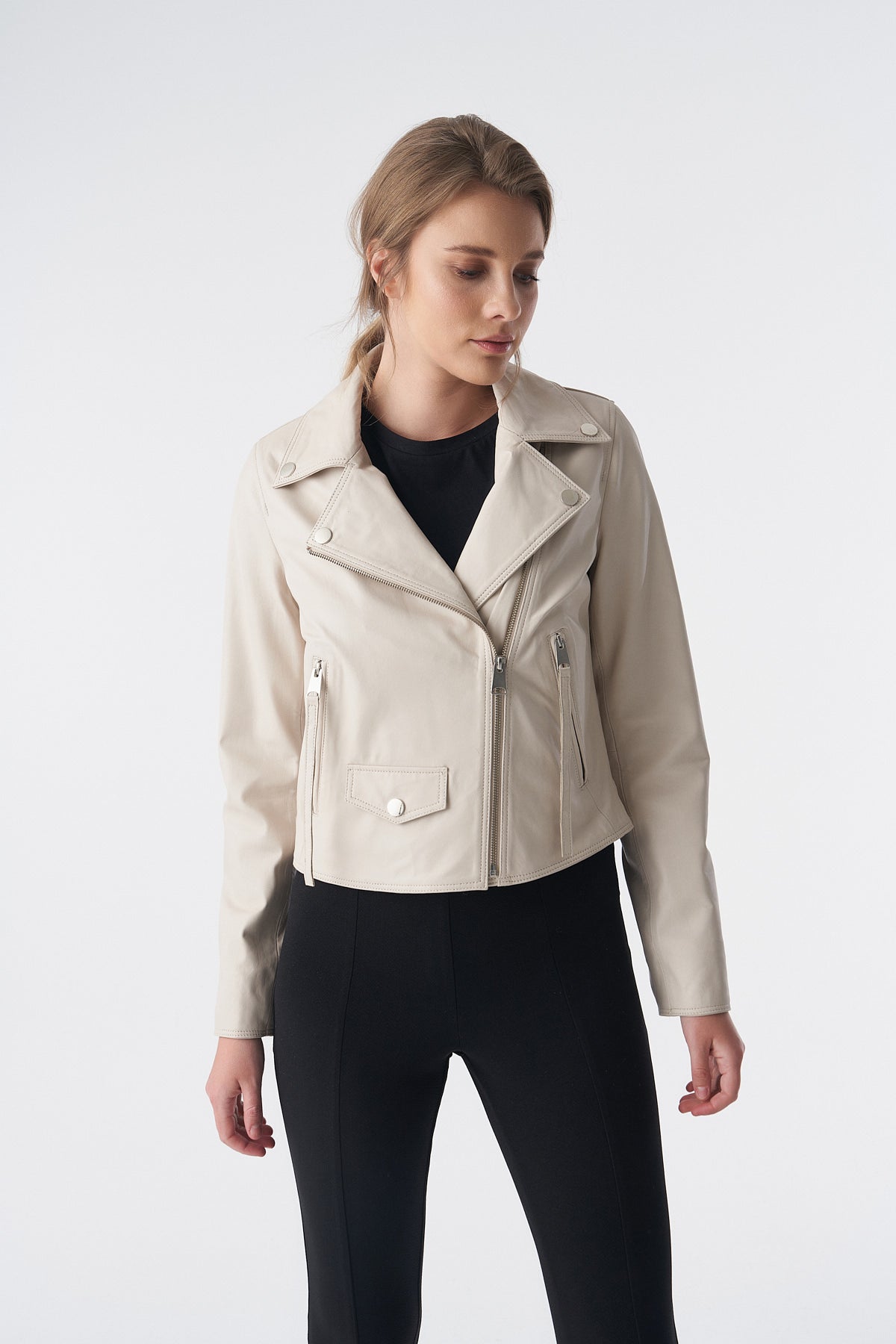 Klassische Bikerjacke, Nappa in Beige