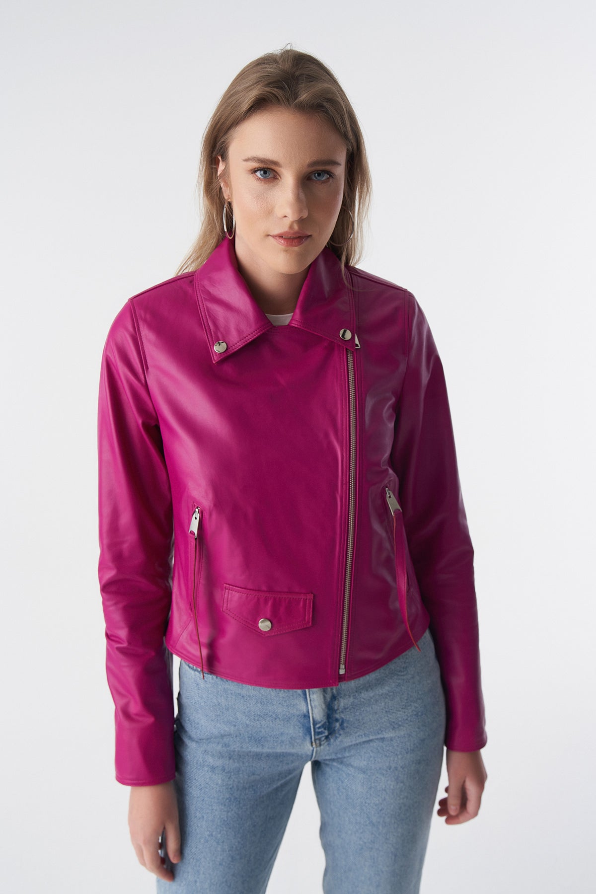 Klassische Bikerjacke, Fuchsia Nappa