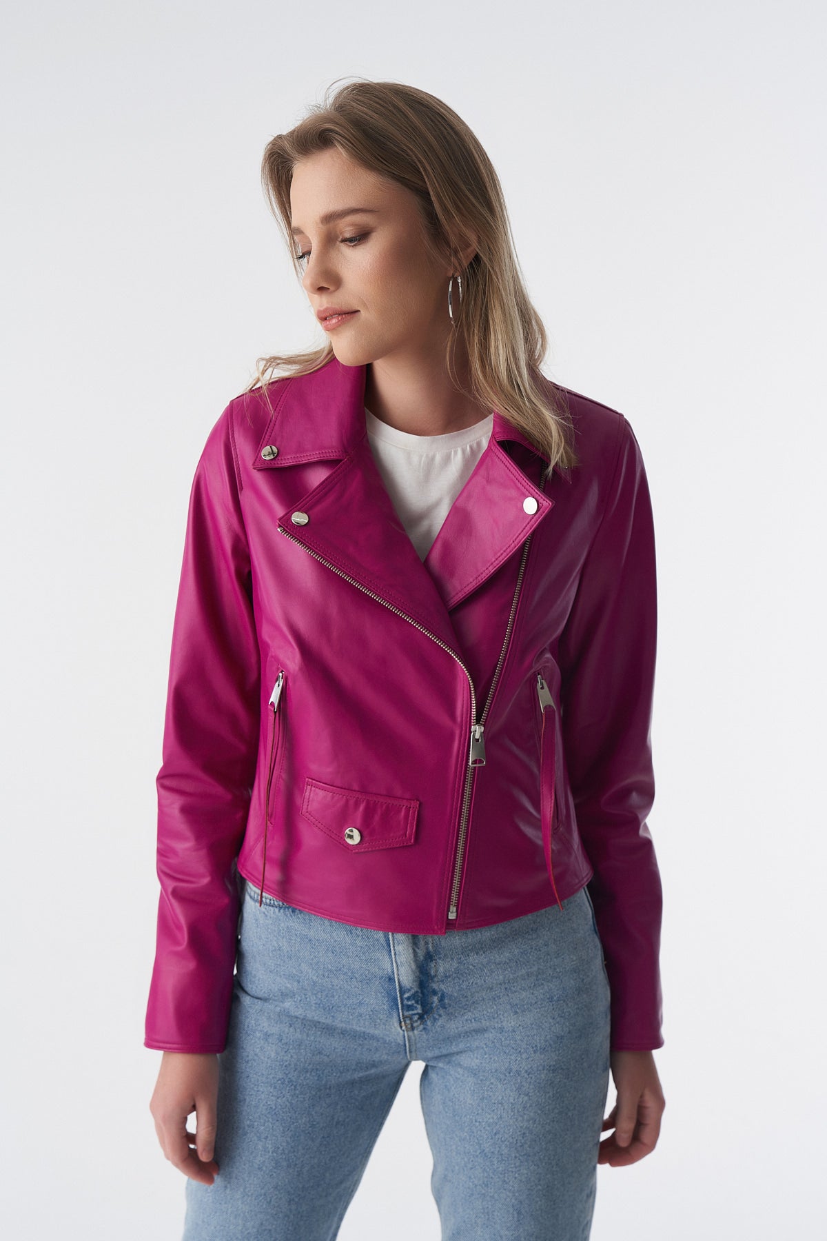 Klassische Bikerjacke, Fuchsia Nappa