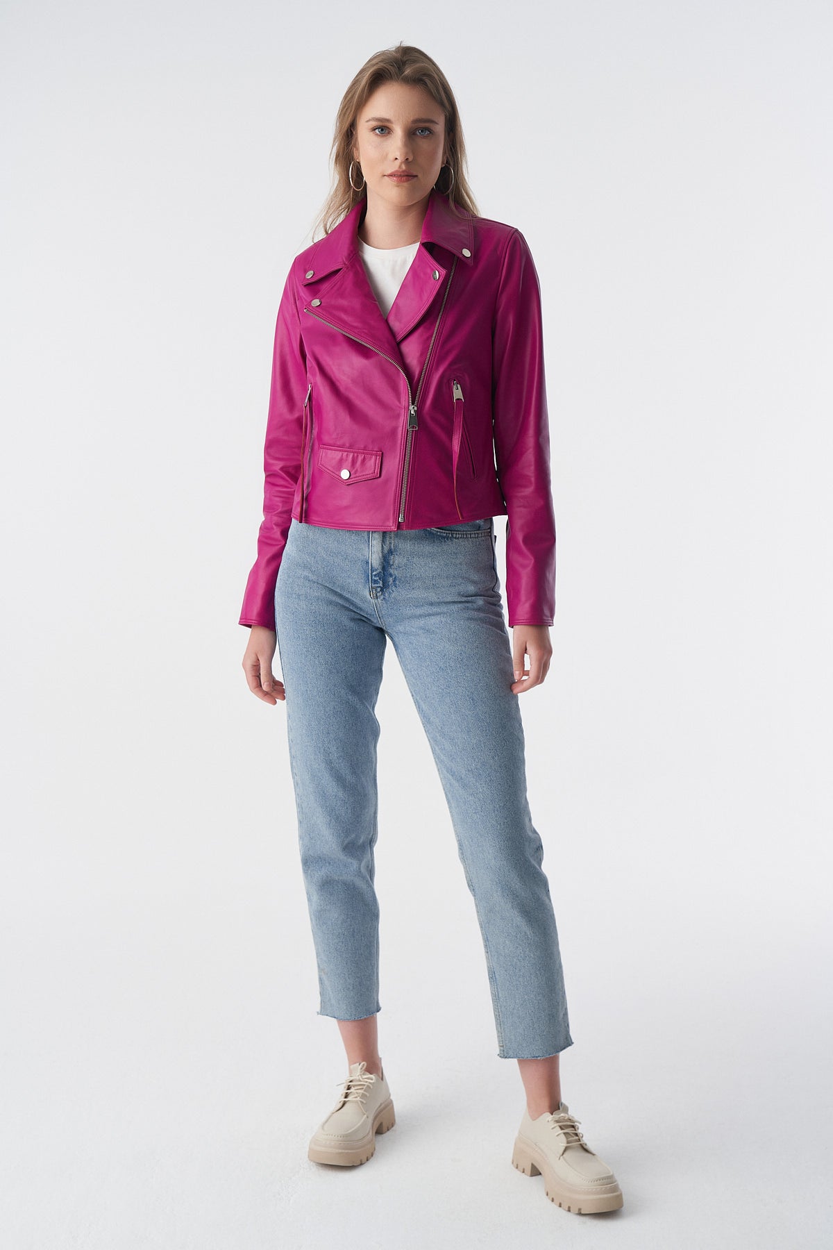 Klassische Bikerjacke, Fuchsia Nappa