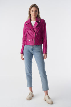 Image of Klassische Bikerjacke, Fuchsia Nappa