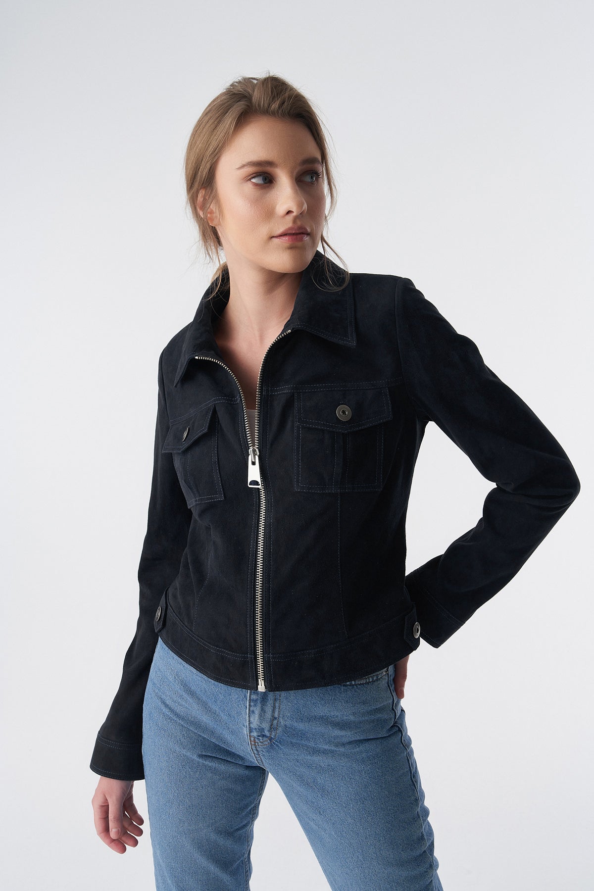 Wildlederjacke mit Reißverschluss im Denim-Stil, schwarz