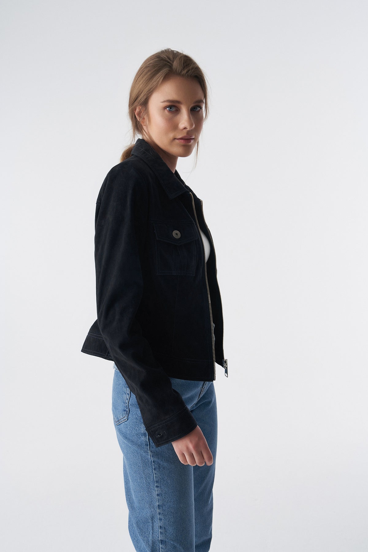 Wildlederjacke mit Reißverschluss im Denim-Stil, schwarz