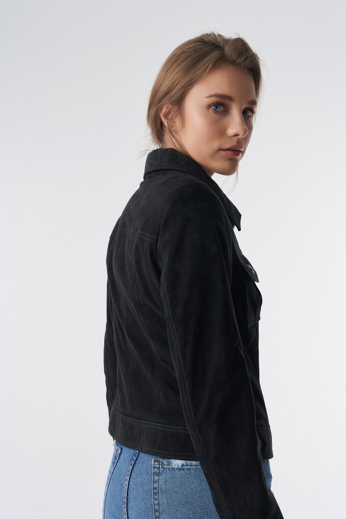 Wildlederjacke mit Reißverschluss im Denim-Stil, schwarz