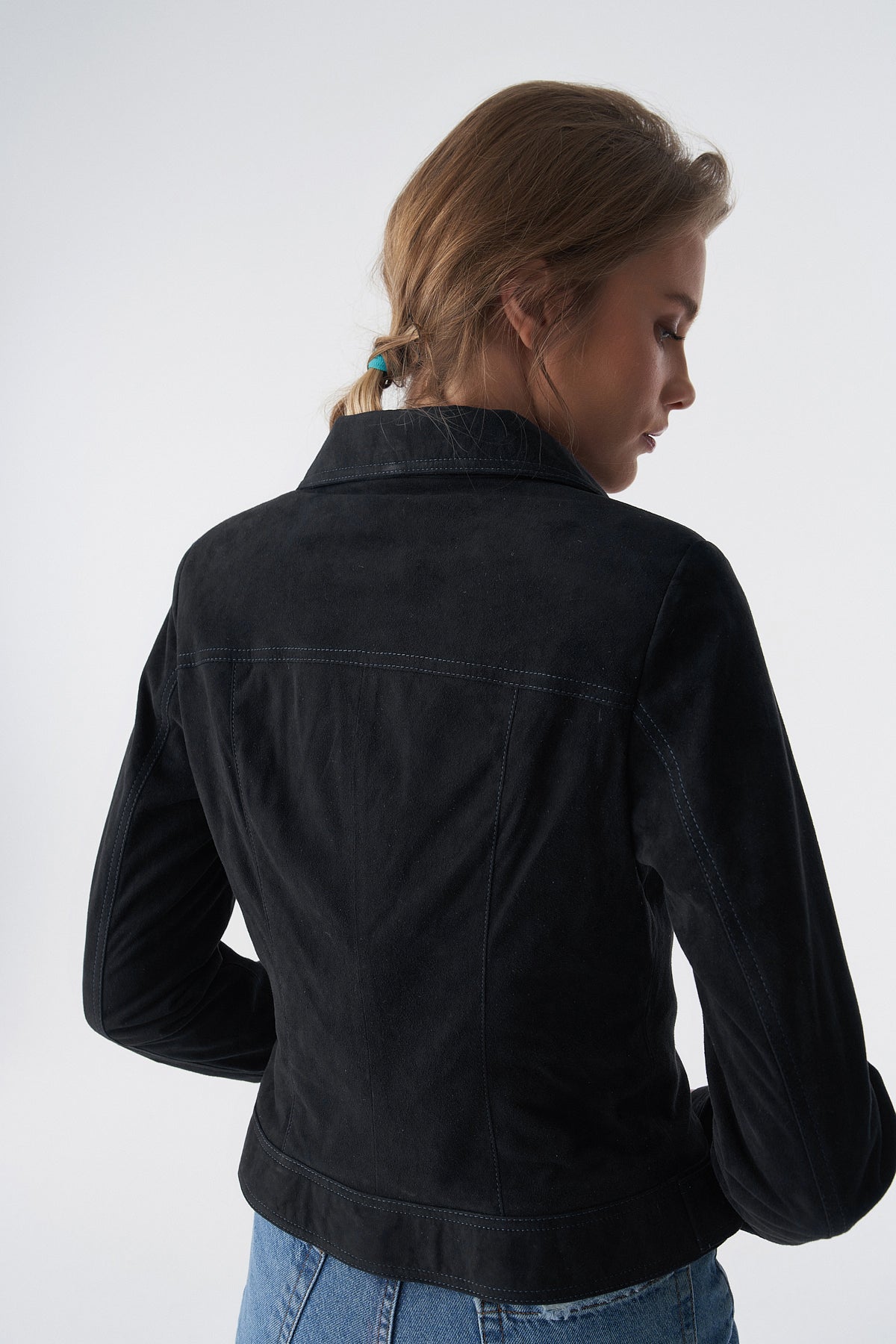 Wildlederjacke mit Reißverschluss im Denim-Stil, schwarz