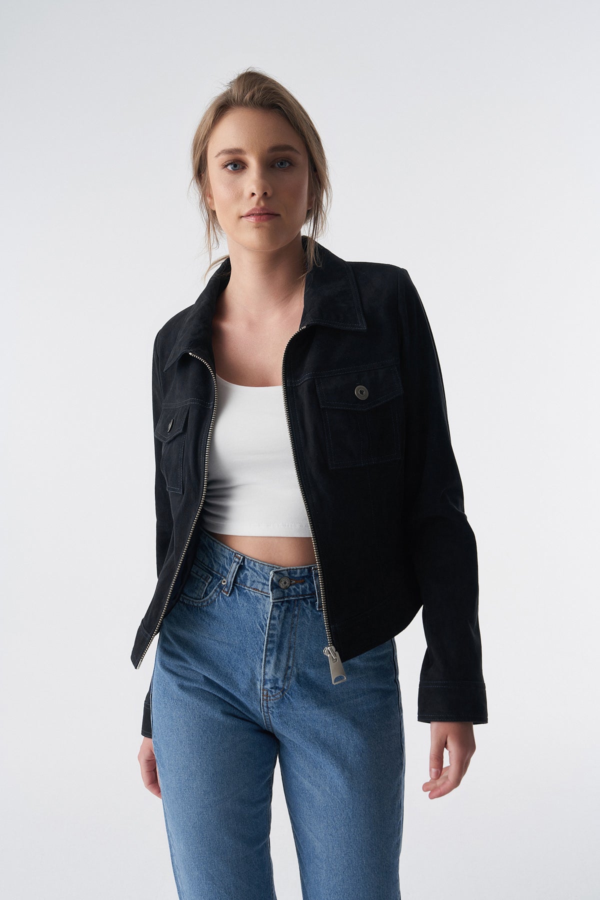 Wildlederjacke mit Reißverschluss im Denim-Stil, schwarz