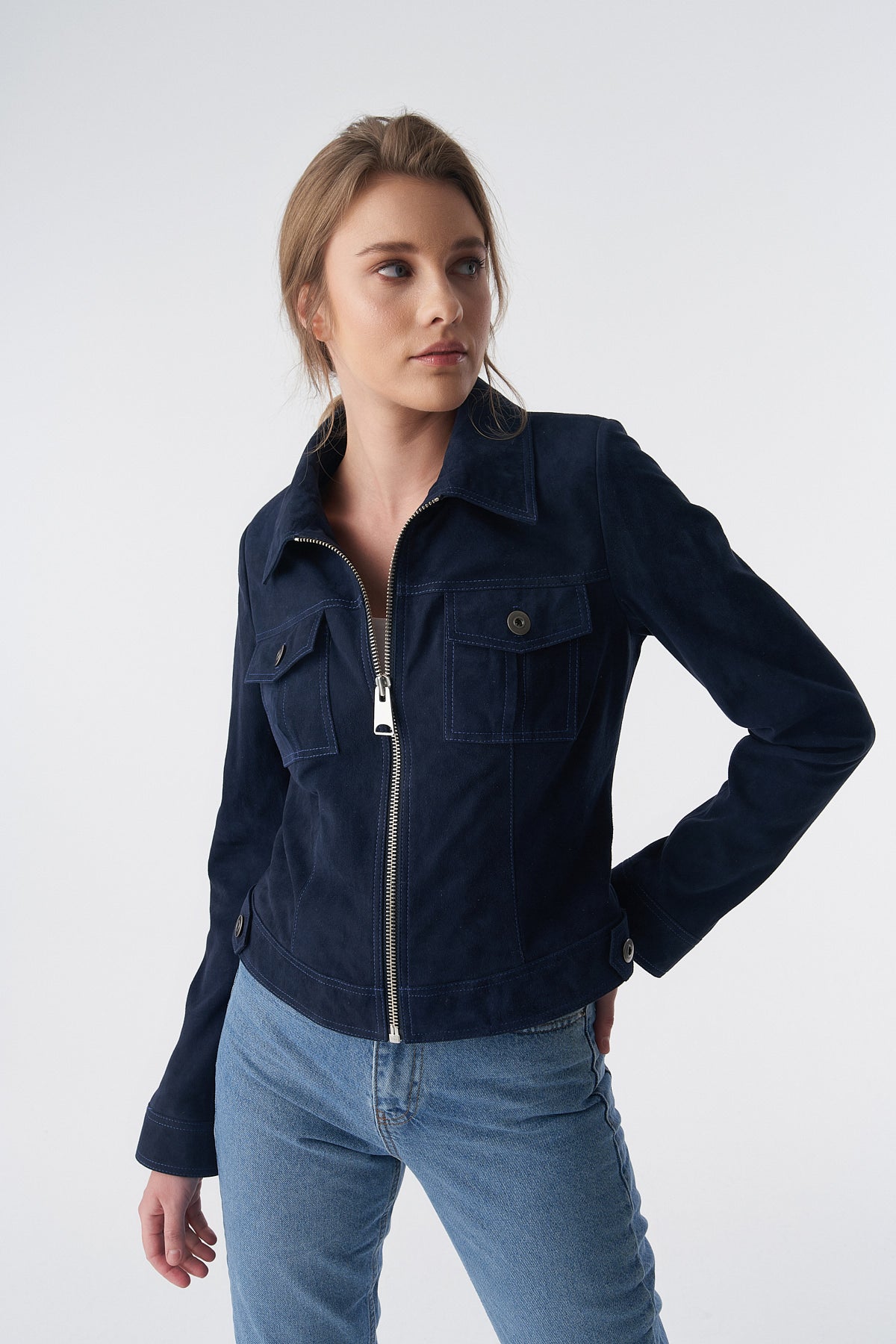 Wildlederjacke mit Reißverschluss im Denim-Stil, Marineblau