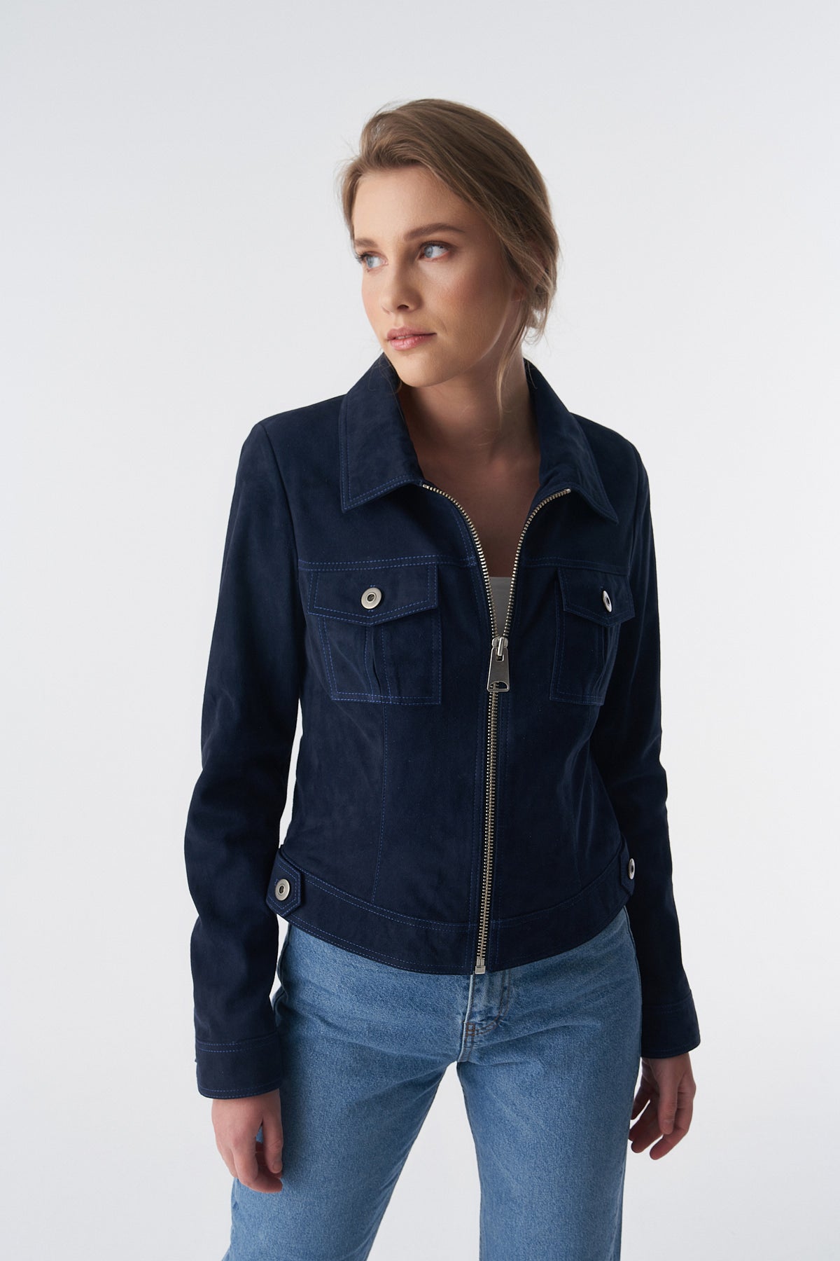 Wildlederjacke mit Reißverschluss im Denim-Stil, Marineblau