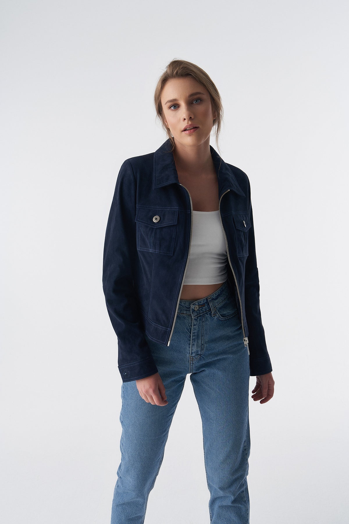 Wildlederjacke mit Reißverschluss im Denim-Stil, Marineblau