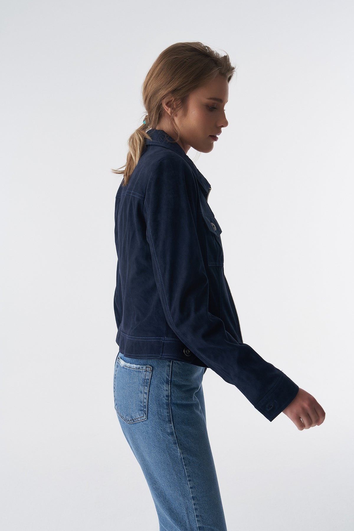 Wildlederjacke mit Reißverschluss im Denim-Stil, Marineblau