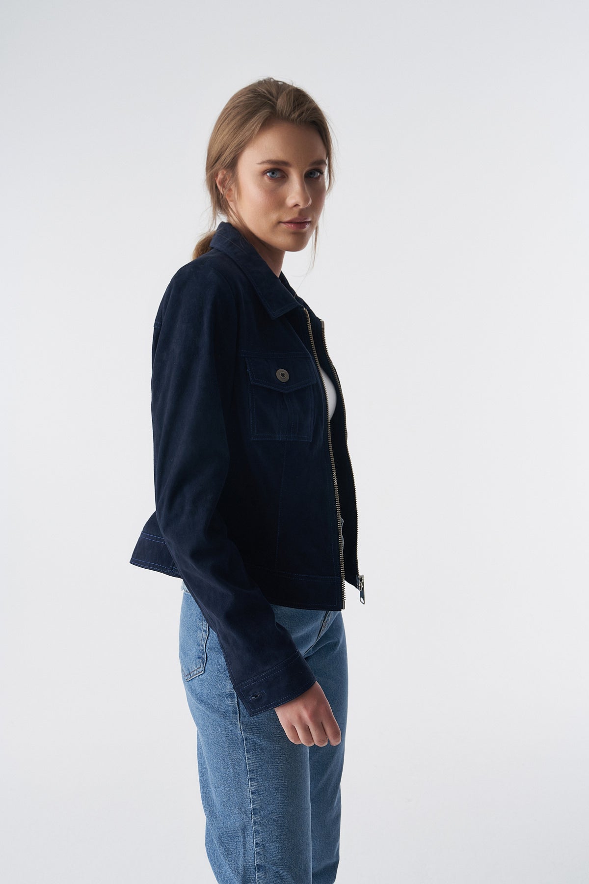 Wildlederjacke mit Reißverschluss im Denim-Stil, Marineblau