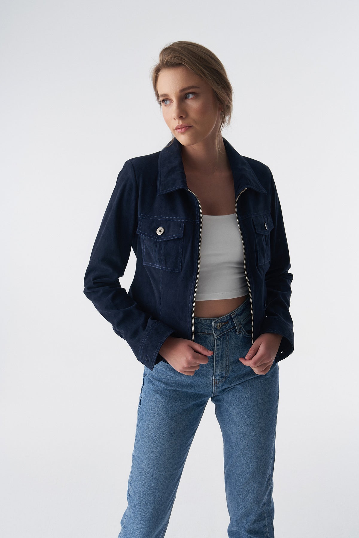 Wildlederjacke mit Reißverschluss im Denim-Stil, Marineblau