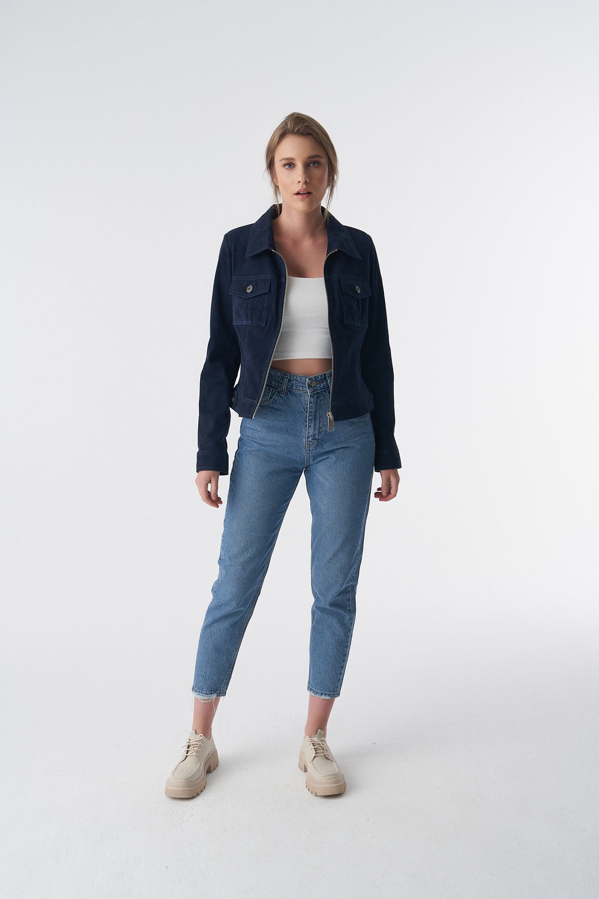 Wildlederjacke mit Reißverschluss im Denim-Stil, Marineblau