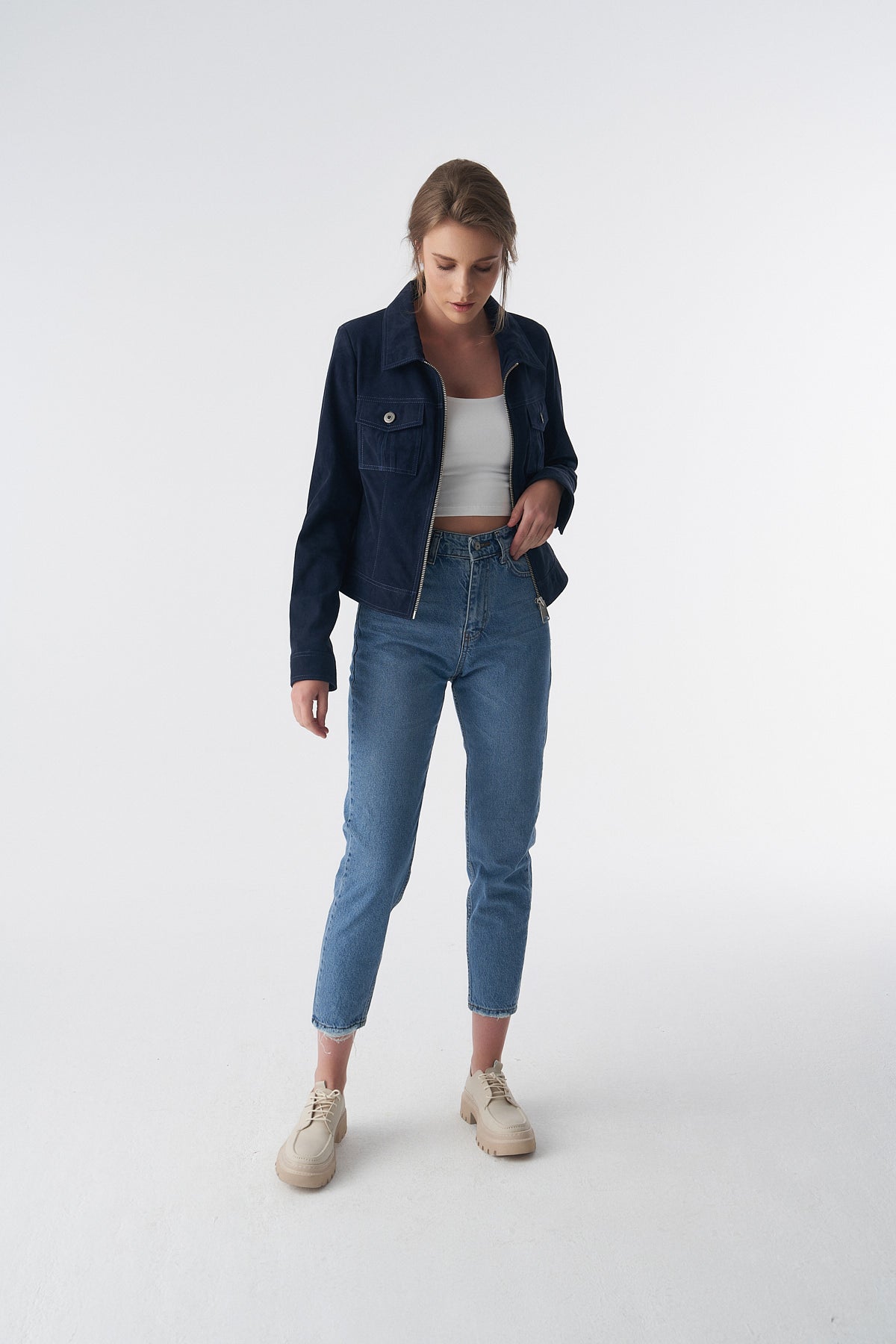 Wildlederjacke mit Reißverschluss im Denim-Stil, Marineblau