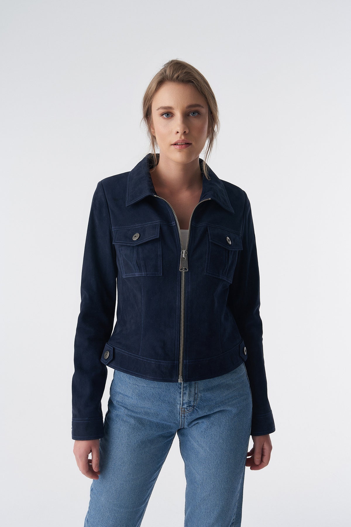 Wildlederjacke mit Reißverschluss im Denim-Stil, Marineblau