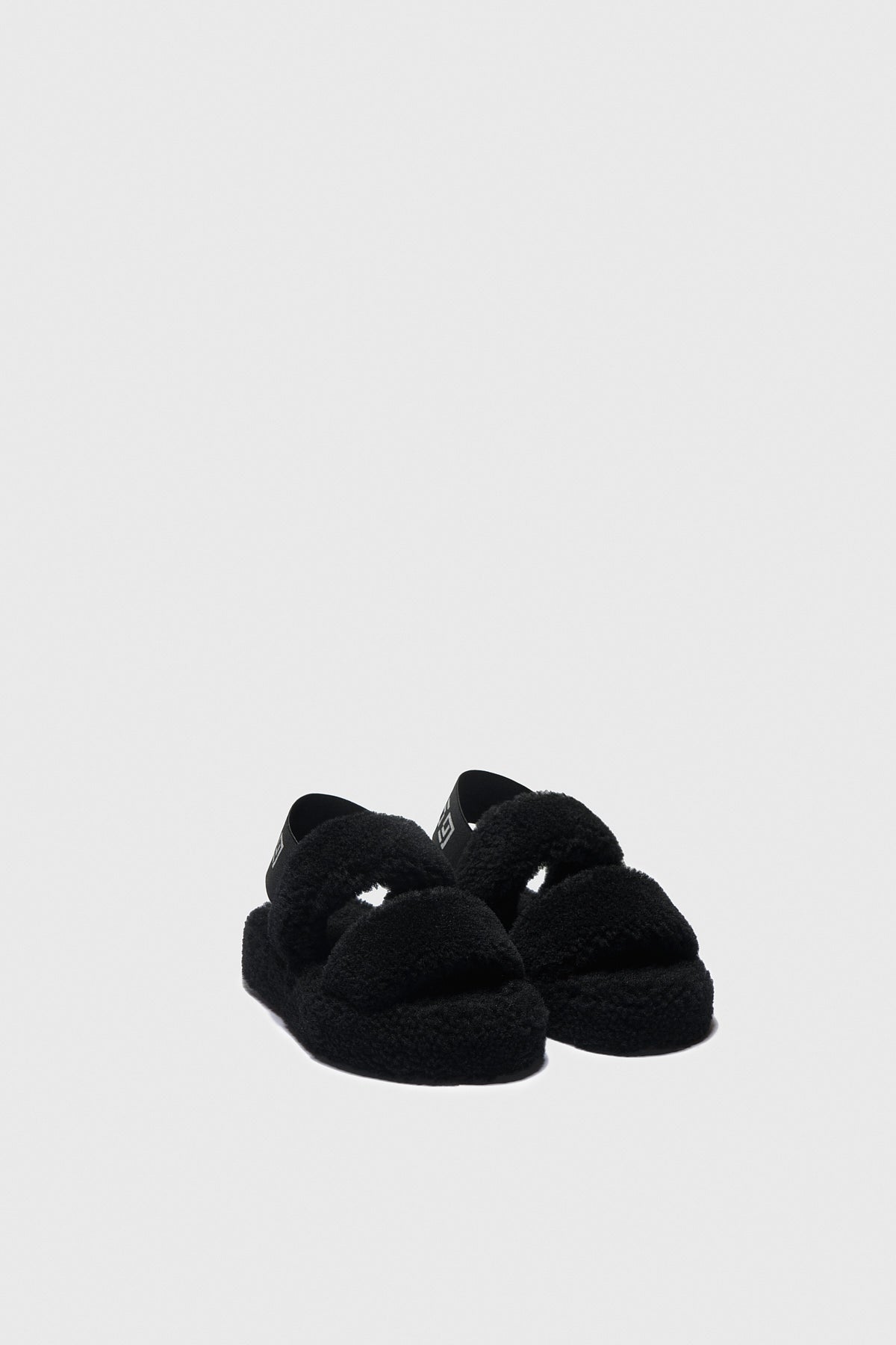 Damen Shearling Double Stripe Slides, schwarze gelockte Wolle