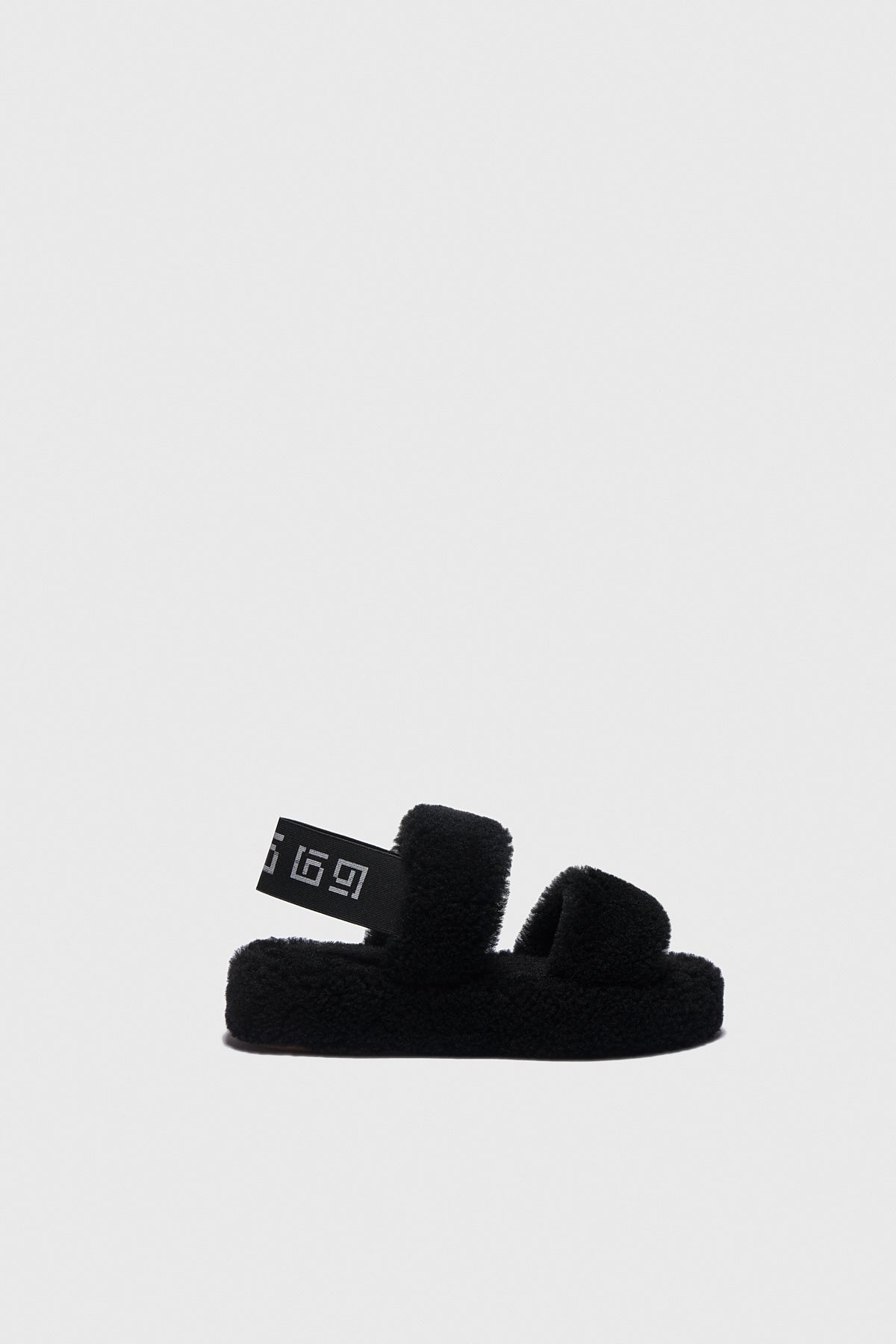 Damen Shearling Double Stripe Slides, schwarze gelockte Wolle