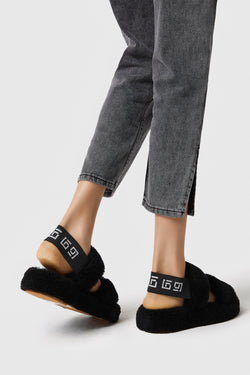 Image of Damen Shearling Double Stripe Slides, schwarze gelockte Wolle