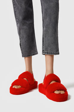 Image of Damen Shearling Double Stripe Slides, Rote Wolle