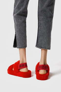 Image of Damen Shearling Double Stripe Slides, Rote Wolle