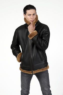 Image of Fliegerjacke aus Lammfell für Herren, seidiges Braun mit Ginger Wool