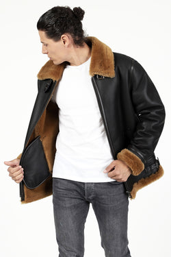 Image of Fliegerjacke aus Lammfell für Herren, seidiges Braun mit Ginger Wool