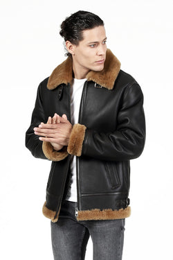 Image of Fliegerjacke aus Lammfell für Herren, seidiges Braun mit Ginger Wool